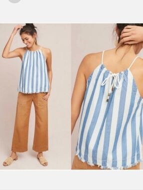 MAEVE Chambray Printed White Blue Halter Top